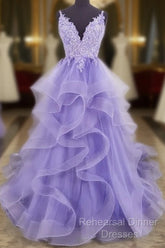 Lilac Tull Lace Applique Ball Gown Straps Long Semi Formal Prom Dress Elegant Evening Dress